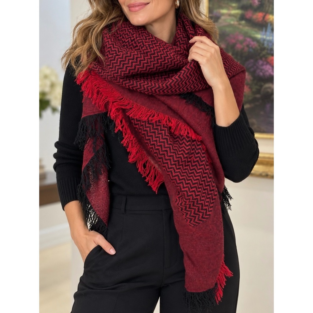 Morsly New York Vintage Red Black Chevron Fringe Square Scarf Shawl Japan